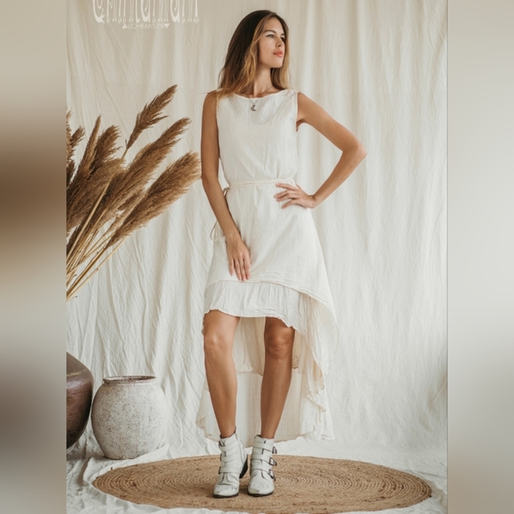 White Linen Dress ∆ Women Boho Wedding Dress ∆ Maxi Bohemian Dress ∆ Asymmetric - Picture 1 of 9